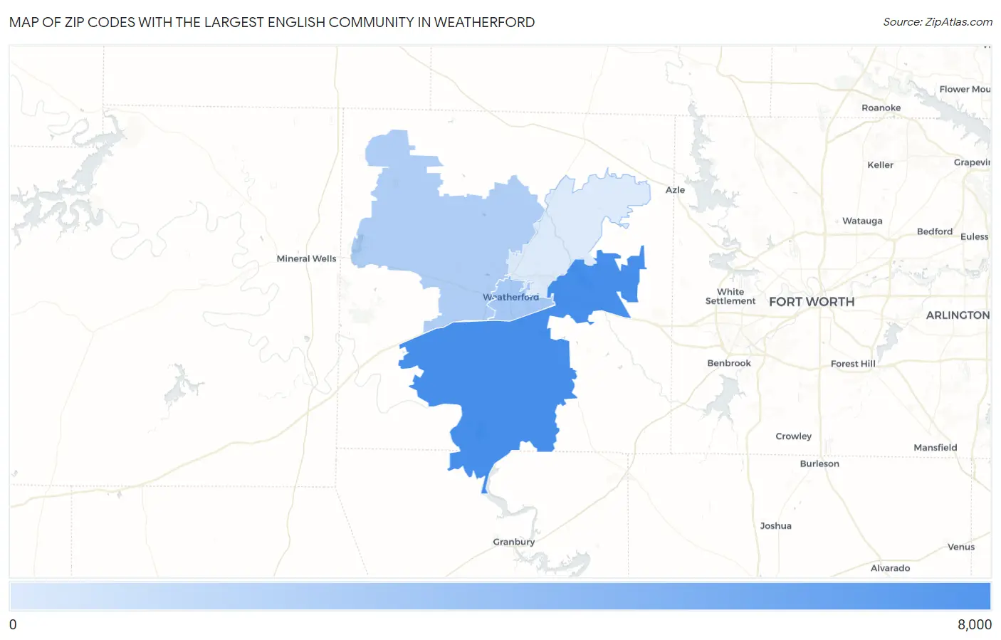 Zip Codes with the Largest English Community in Weatherford Map