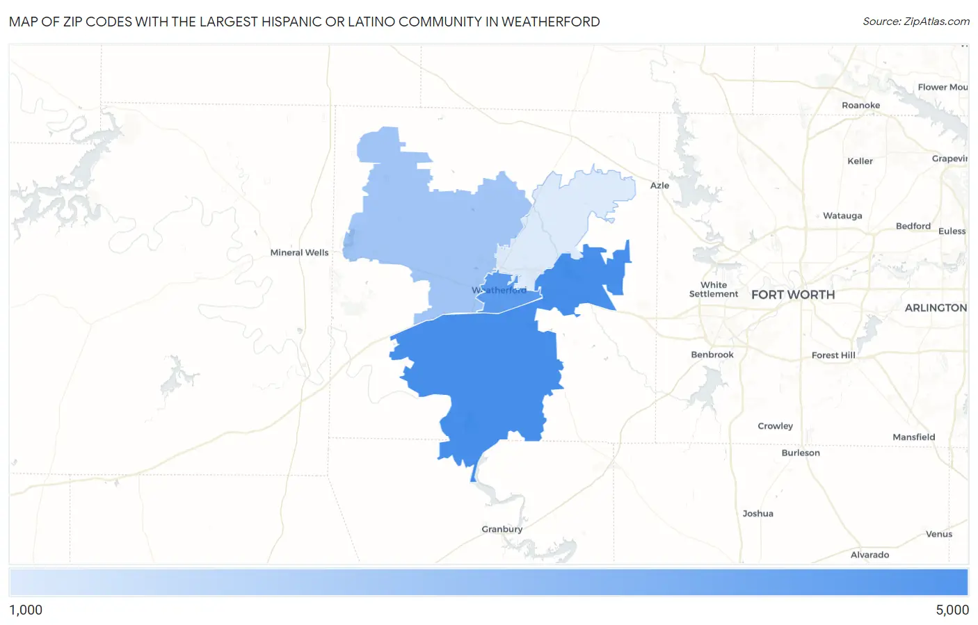 Zip Codes with the Largest Hispanic or Latino Community in Weatherford Map