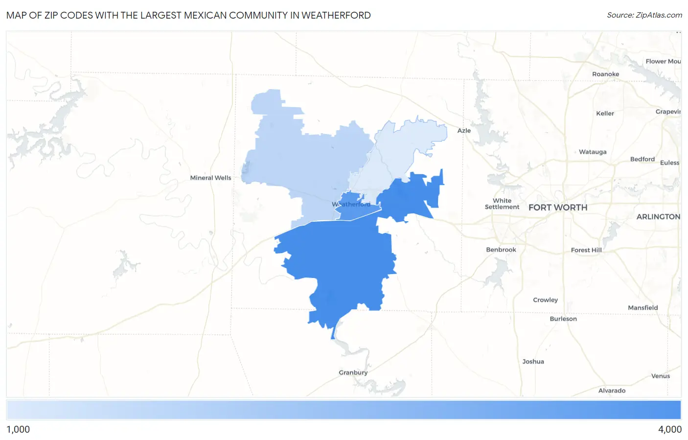Zip Codes with the Largest Mexican Community in Weatherford Map