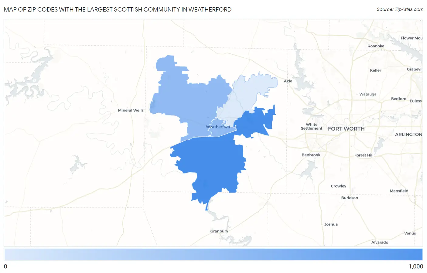 Zip Codes with the Largest Scottish Community in Weatherford Map