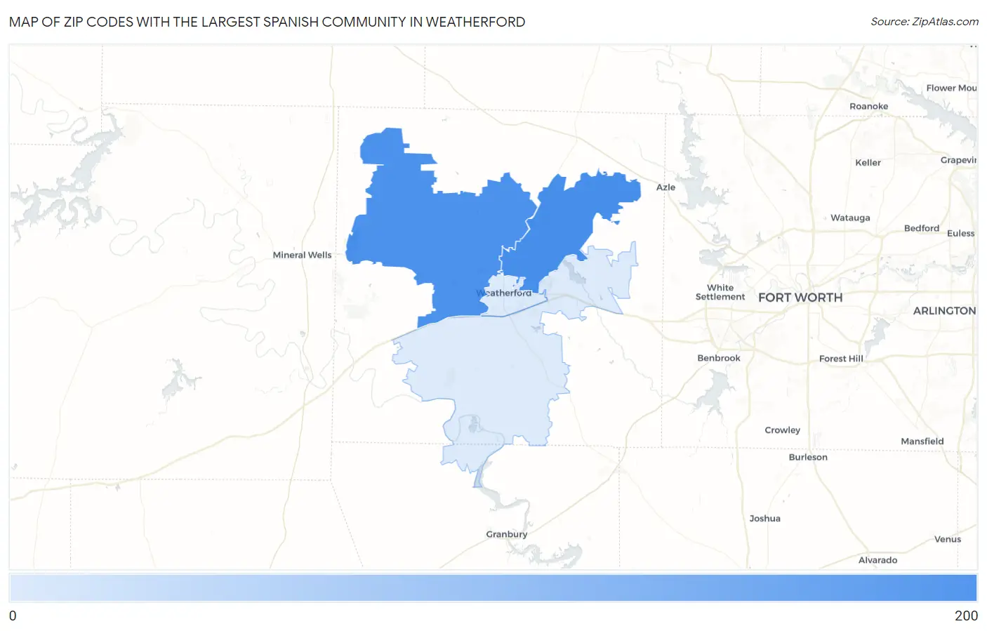 Zip Codes with the Largest Spanish Community in Weatherford Map