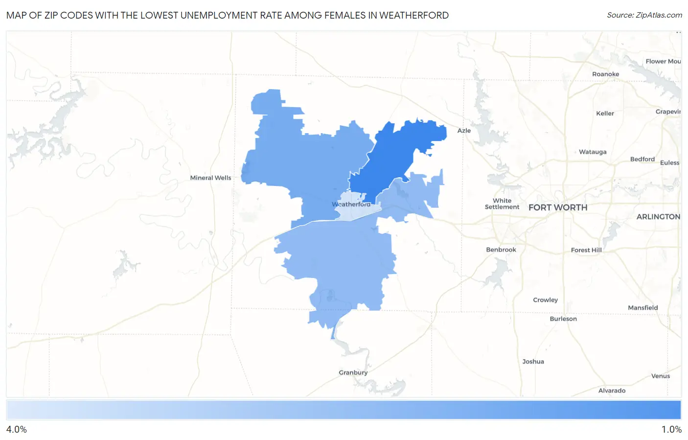 Zip Codes with the Lowest Unemployment Rate Among Females in Weatherford Map