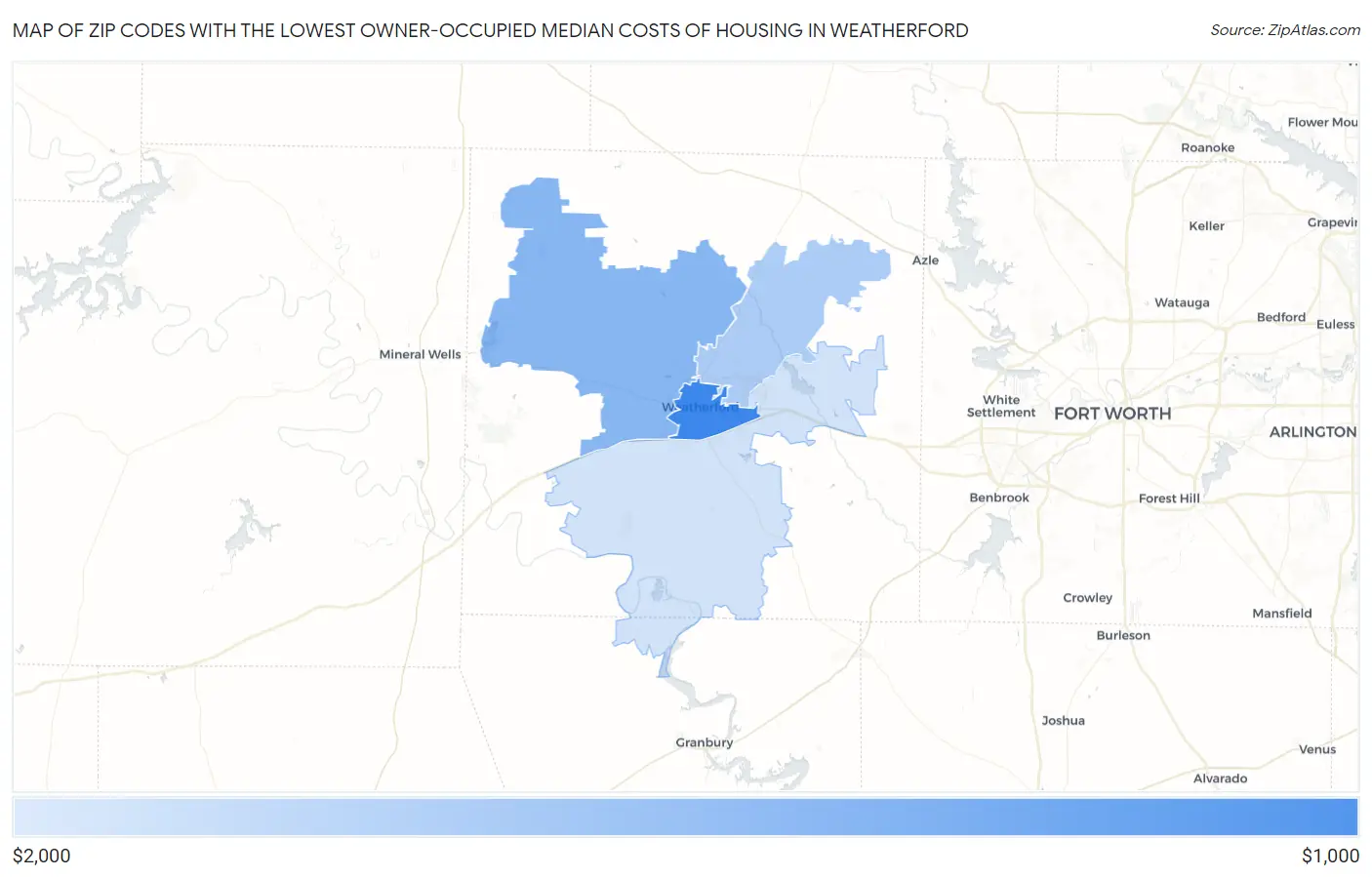 Zip Codes with the Lowest Owner-Occupied Median Costs of Housing in Weatherford Map