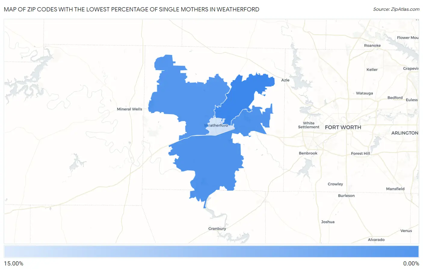 Zip Codes with the Lowest Percentage of Single Mothers in Weatherford Map