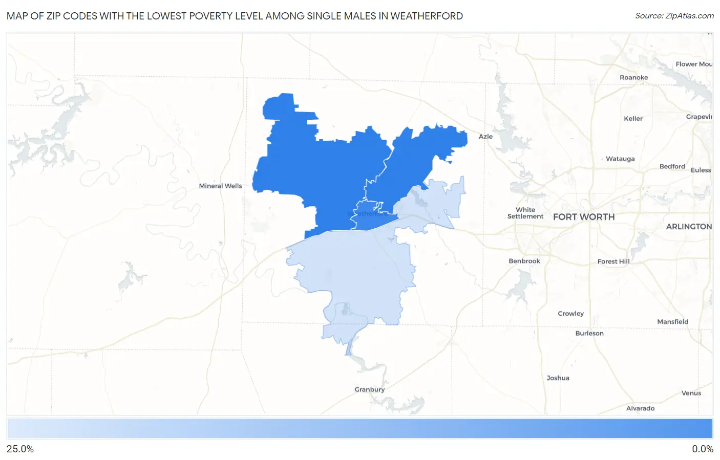 Zip Codes with the Lowest Poverty Level Among Single Males in Weatherford Map
