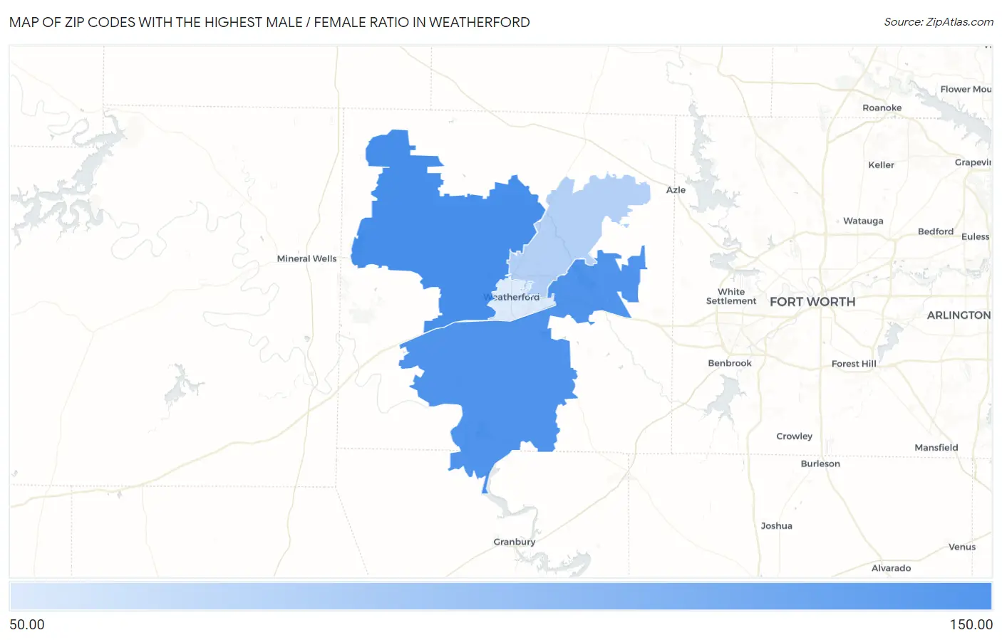 Zip Codes with the Highest Male / Female Ratio in Weatherford Map