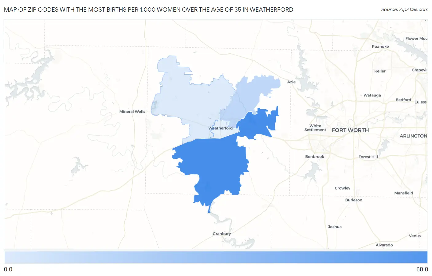 Zip Codes with the Most Births per 1,000 Women Over the Age of 35 in Weatherford Map