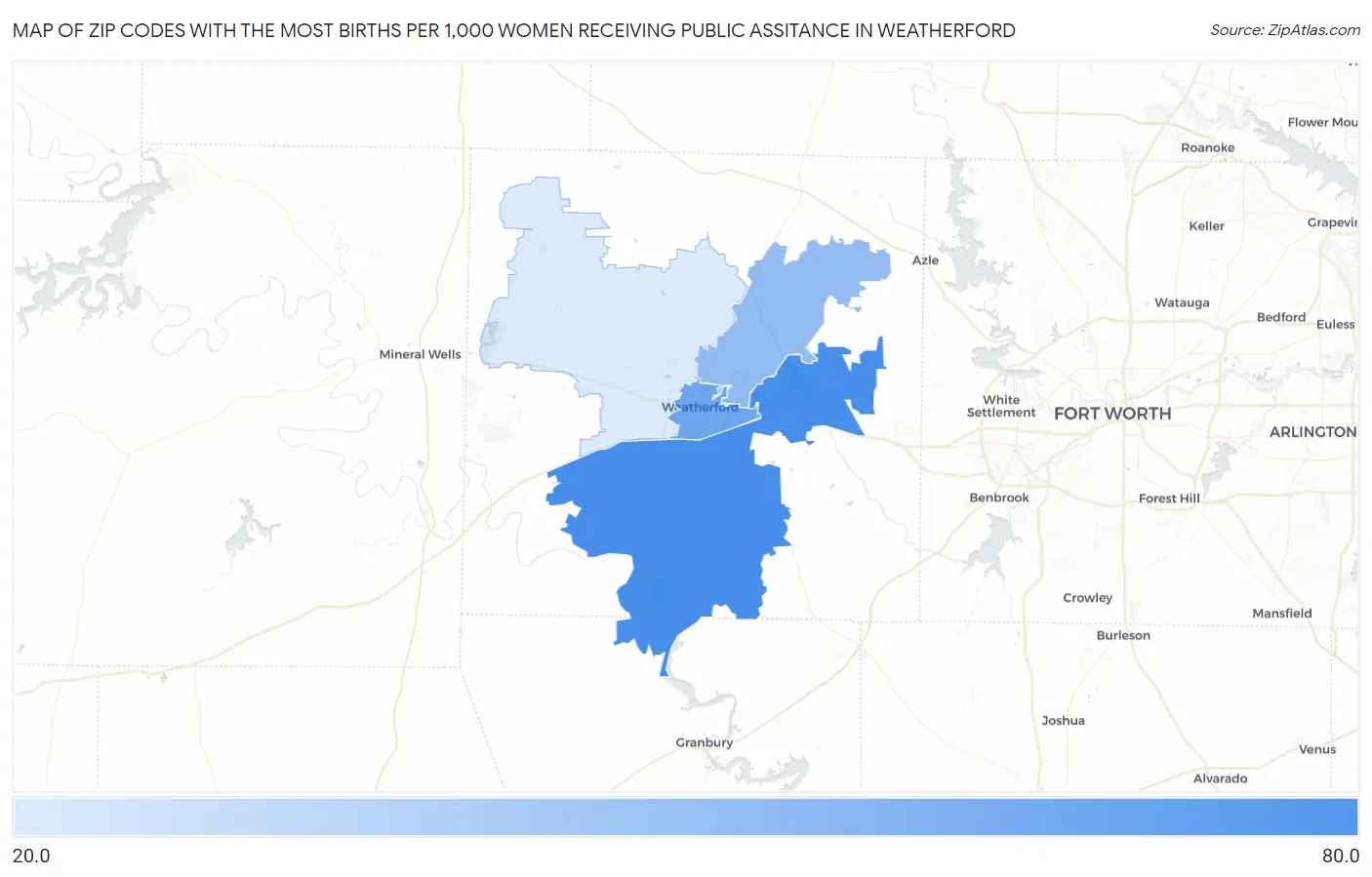 Zip Codes with the Most Births per 1,000 Women Receiving Public Assitance in Weatherford Map