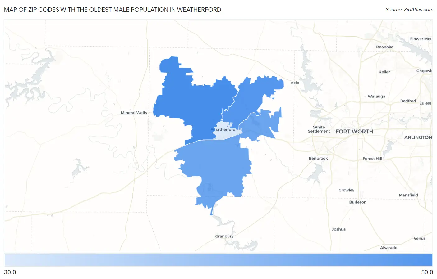 Zip Codes with the Oldest Male Population in Weatherford Map