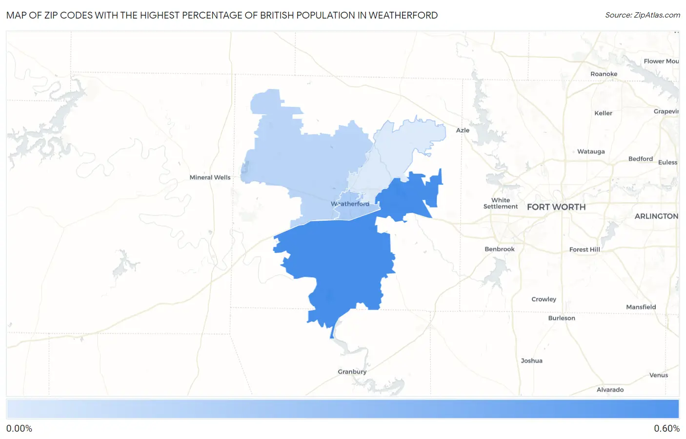 Zip Codes with the Highest Percentage of British Population in Weatherford Map