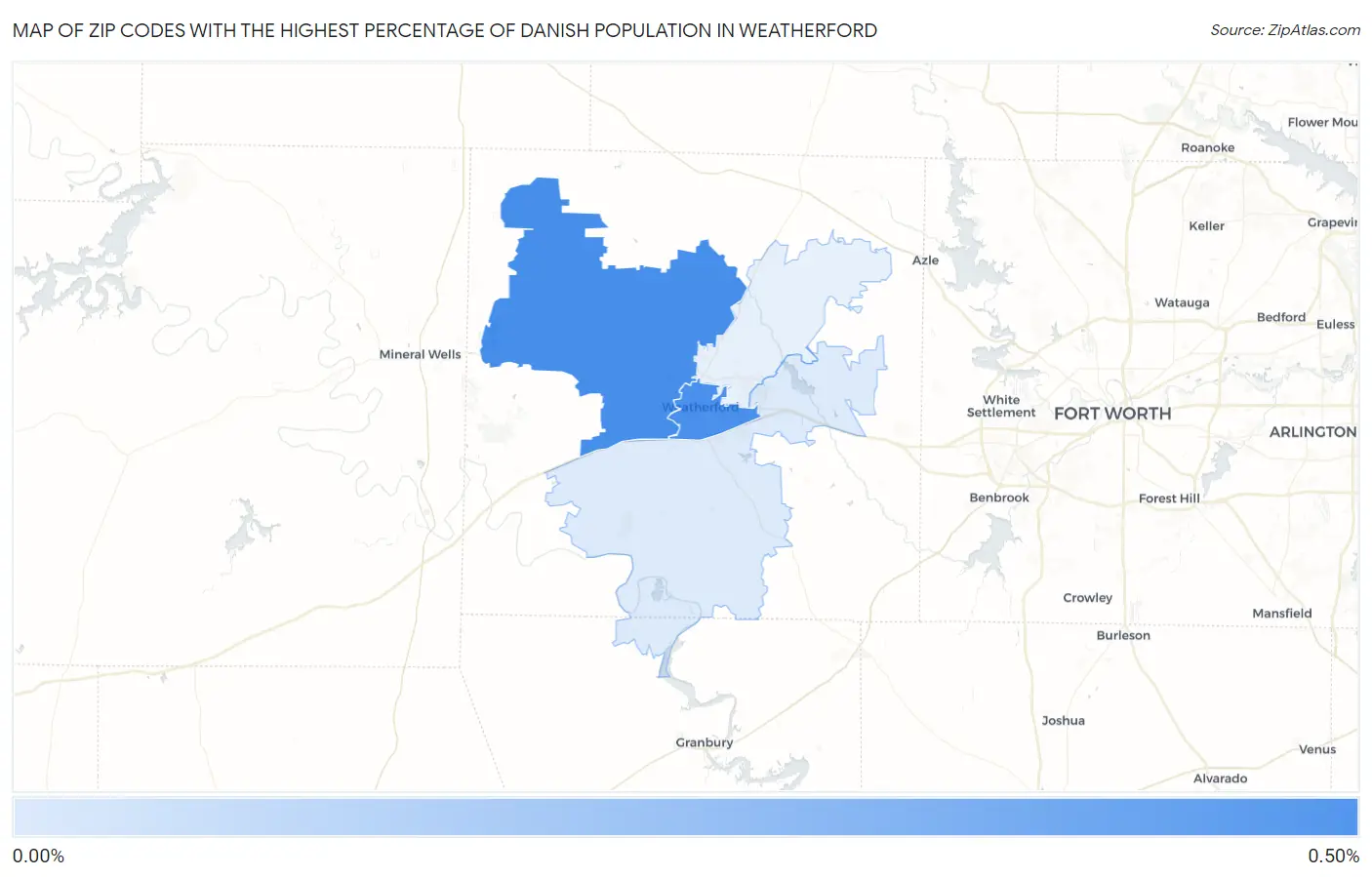 Zip Codes with the Highest Percentage of Danish Population in Weatherford Map