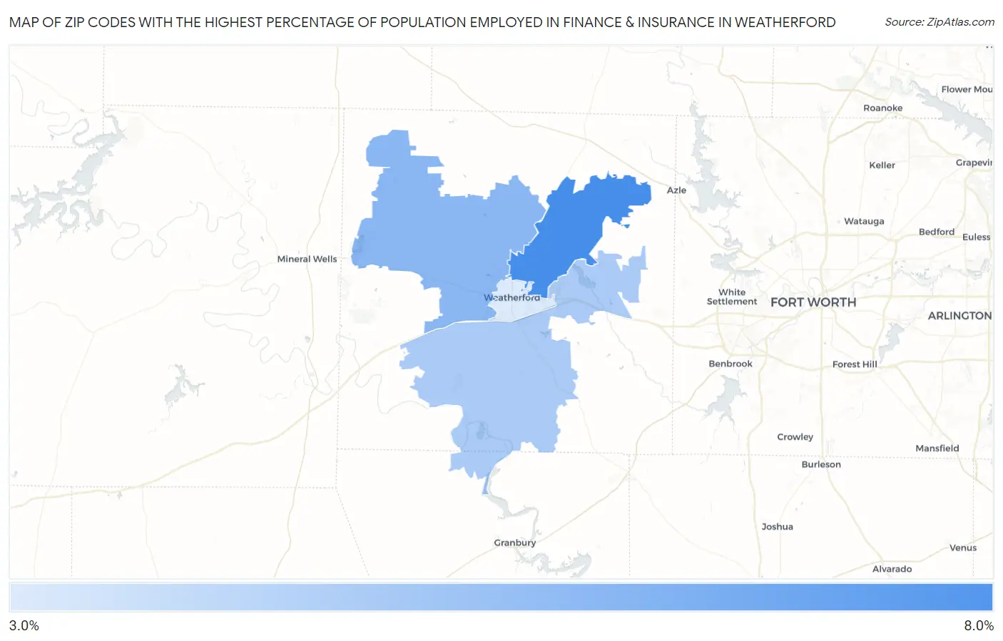 Zip Codes with the Highest Percentage of Population Employed in Finance & Insurance in Weatherford Map