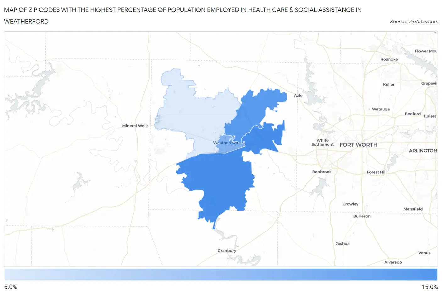 Zip Codes with the Highest Percentage of Population Employed in Health Care & Social Assistance in Weatherford Map