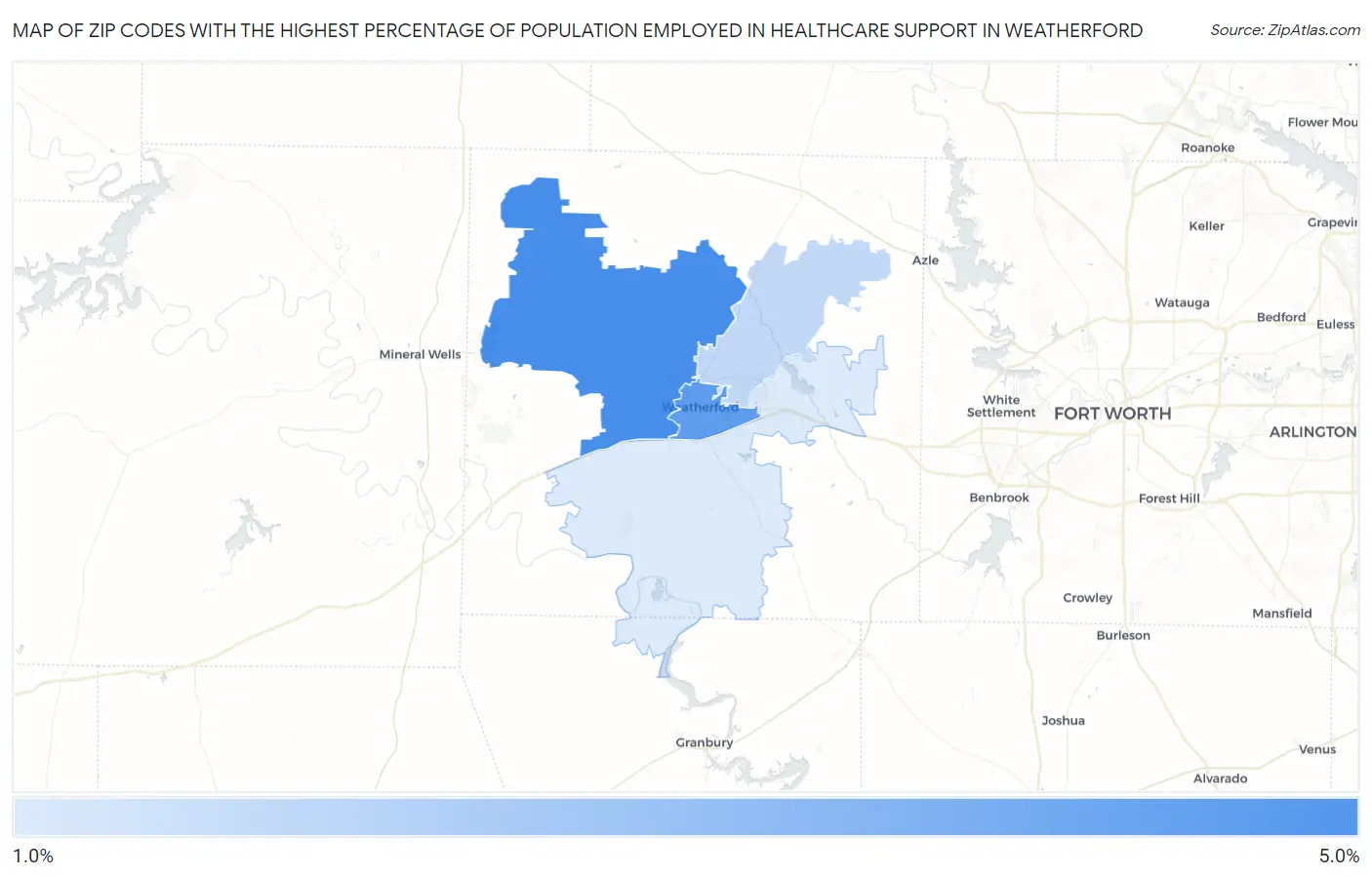 Zip Codes with the Highest Percentage of Population Employed in Healthcare Support in Weatherford Map