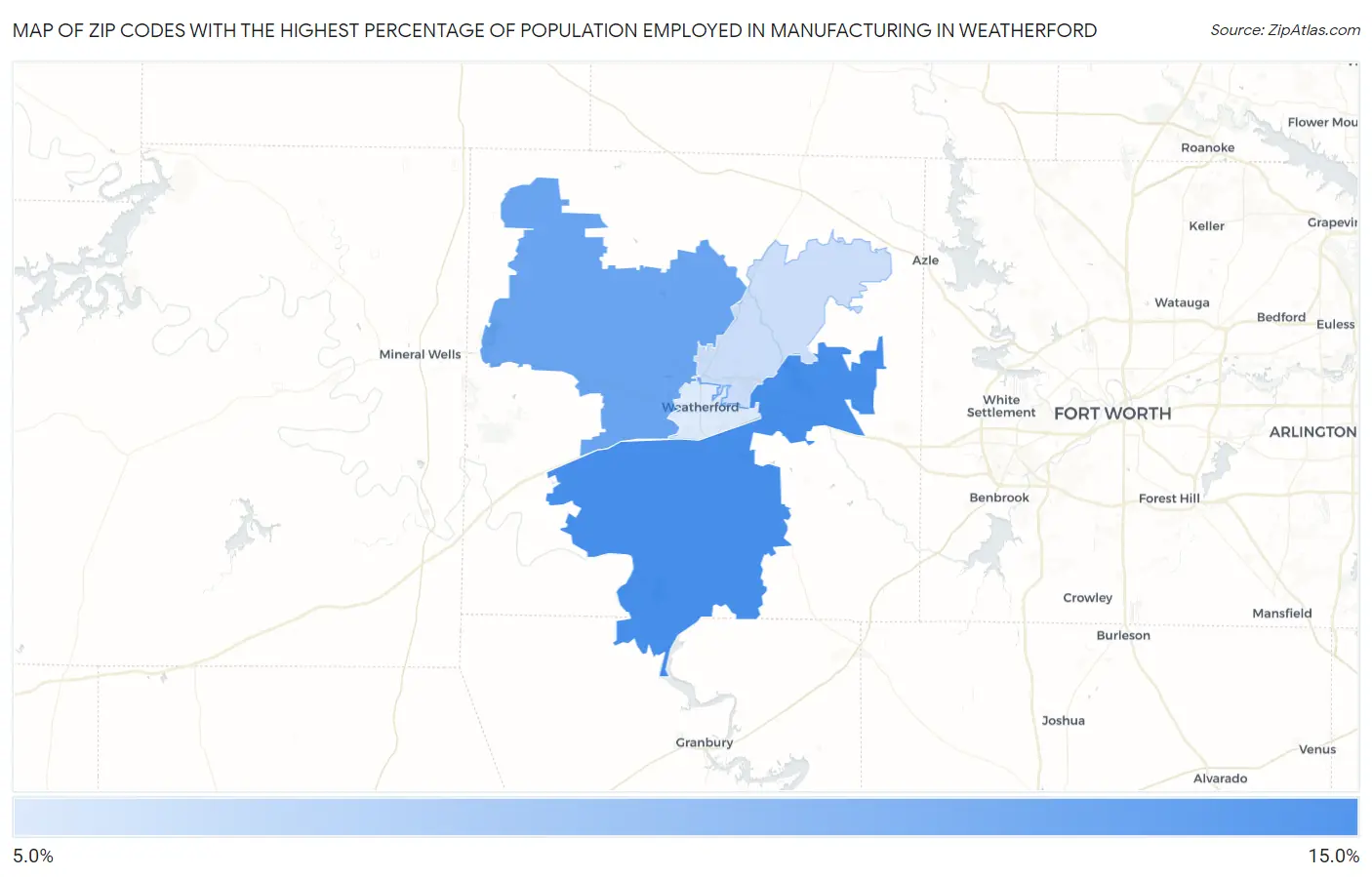 Zip Codes with the Highest Percentage of Population Employed in Manufacturing in Weatherford Map