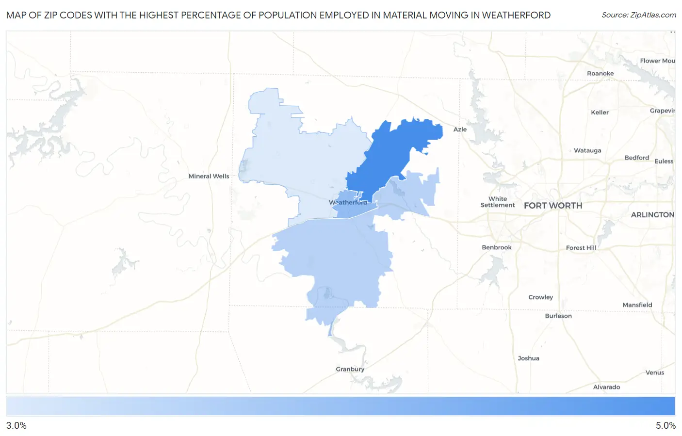 Zip Codes with the Highest Percentage of Population Employed in Material Moving in Weatherford Map