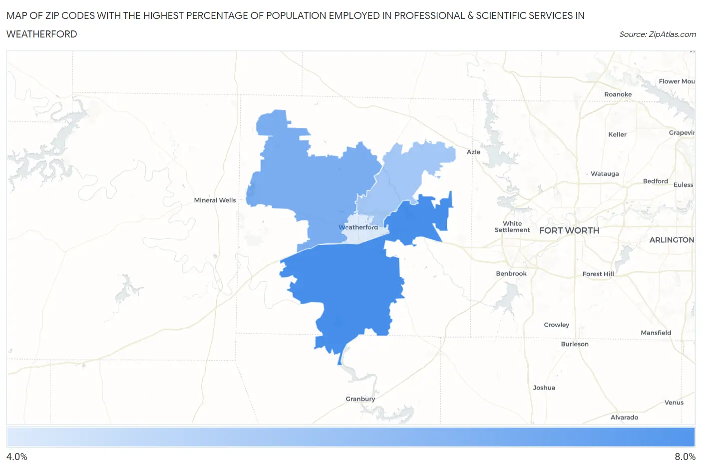 Zip Codes with the Highest Percentage of Population Employed in Professional & Scientific Services in Weatherford Map