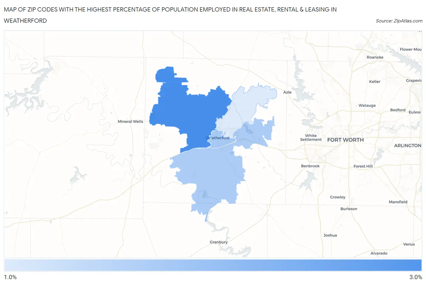 Zip Codes with the Highest Percentage of Population Employed in Real Estate, Rental & Leasing in Weatherford Map