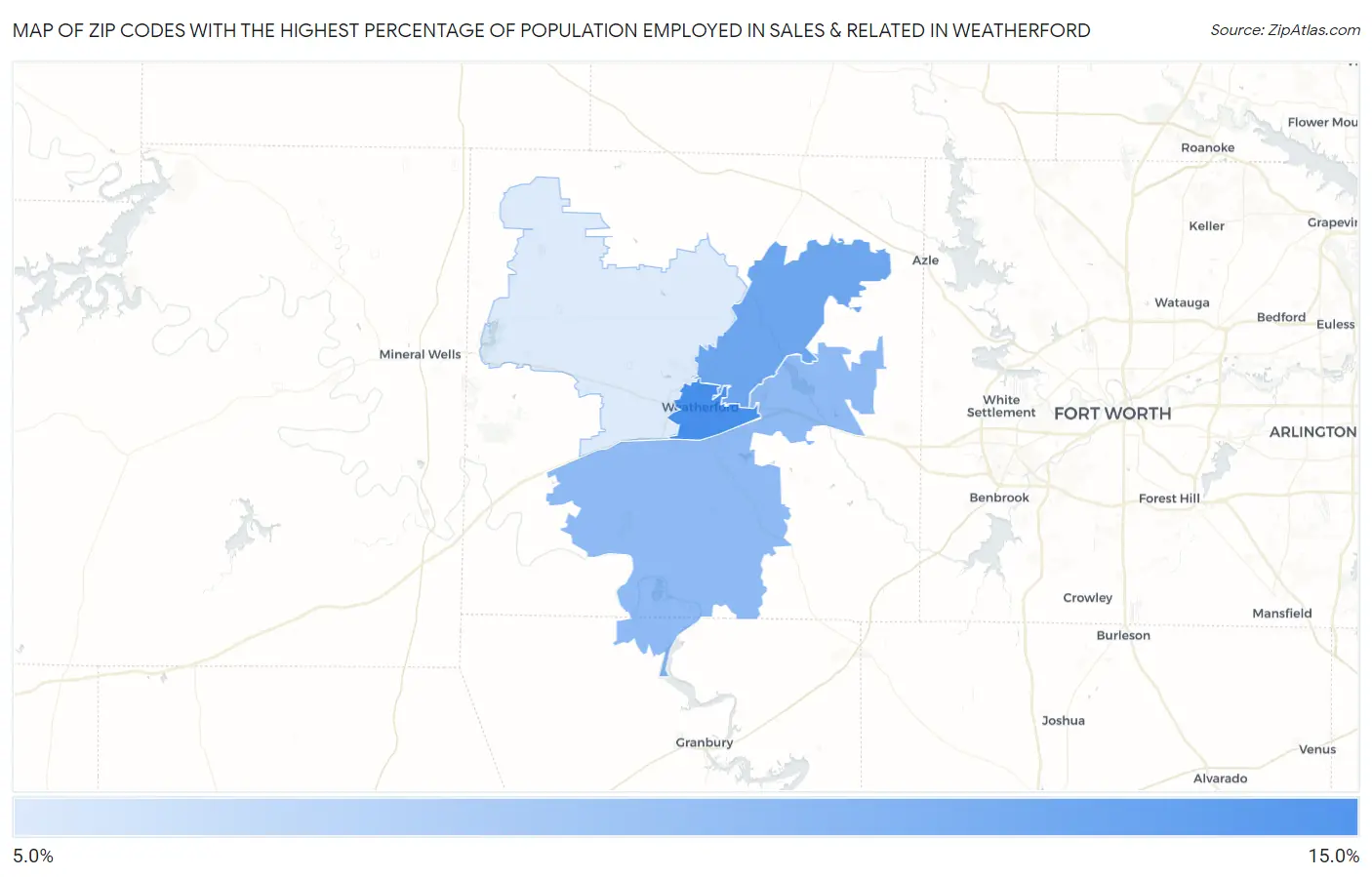 Zip Codes with the Highest Percentage of Population Employed in Sales & Related in Weatherford Map