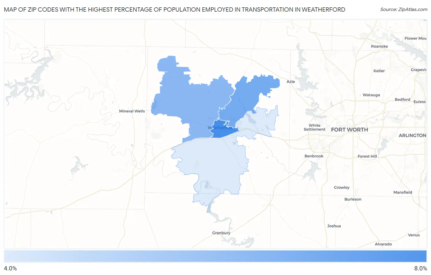 Zip Codes with the Highest Percentage of Population Employed in Transportation in Weatherford Map