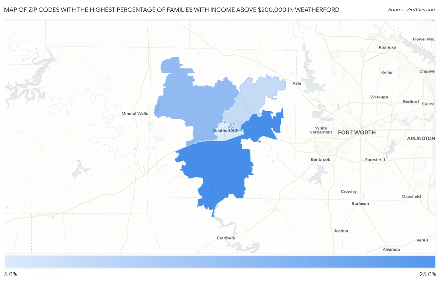 Zip Codes with the Highest Percentage of Families with Income Above $200,000 in Weatherford Map