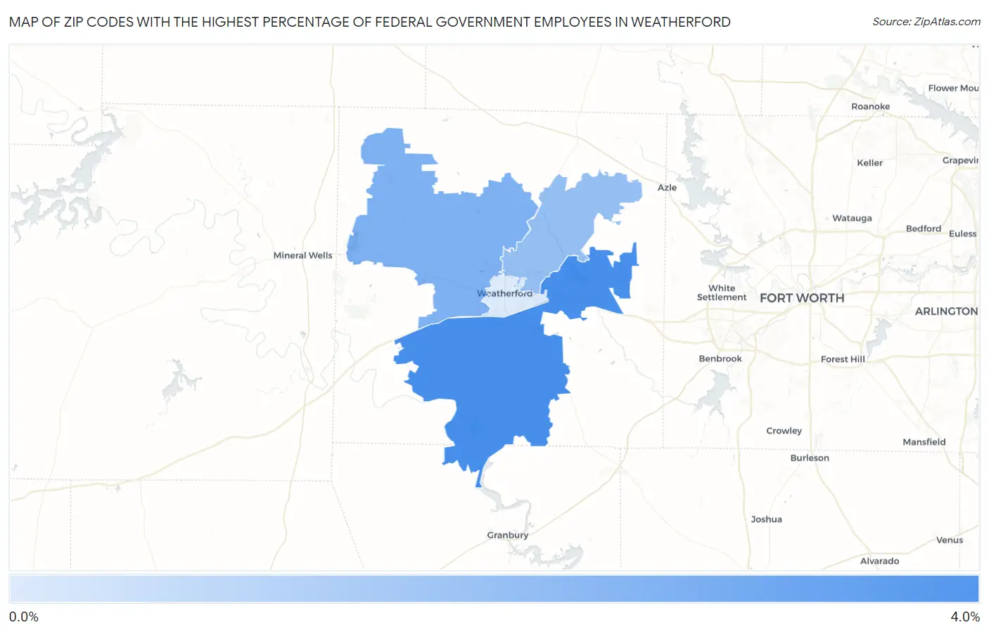Zip Codes with the Highest Percentage of Federal Government Employees in Weatherford Map
