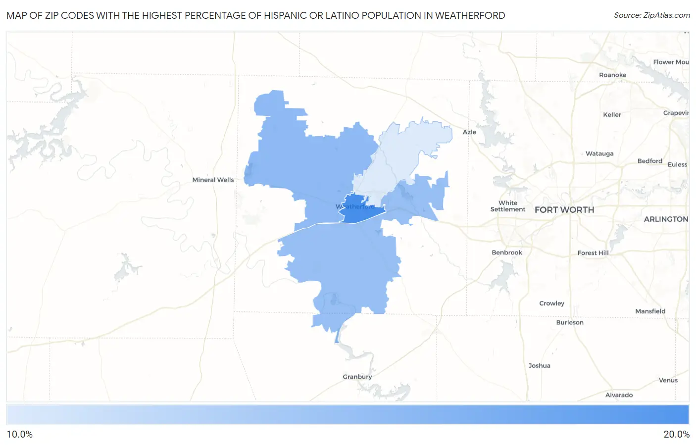 Zip Codes with the Highest Percentage of Hispanic or Latino Population in Weatherford Map