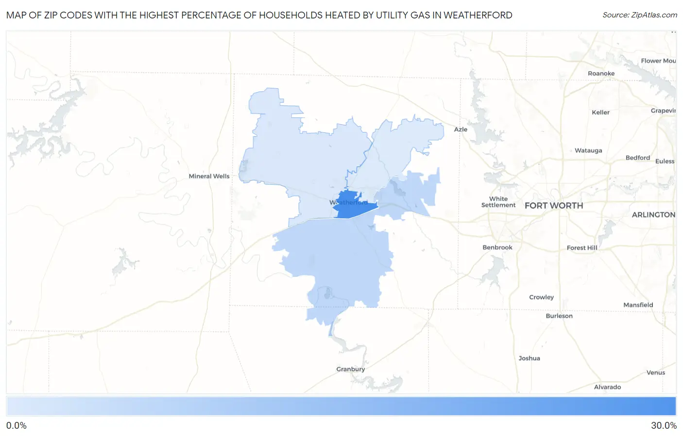 Zip Codes with the Highest Percentage of Households Heated by Utility Gas in Weatherford Map