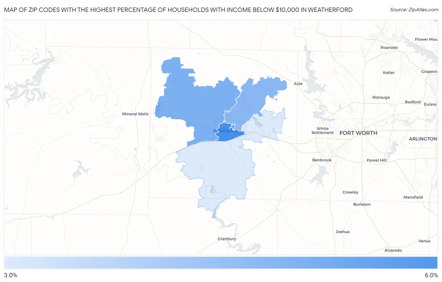 Zip Codes with the Highest Percentage of Households with Income Below $10,000 in Weatherford Map