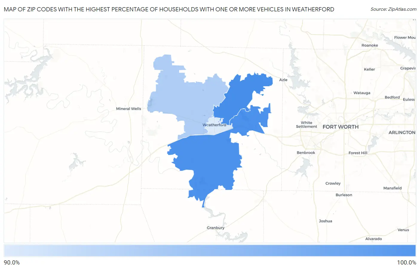 Zip Codes with the Highest Percentage of Households With One or more Vehicles in Weatherford Map