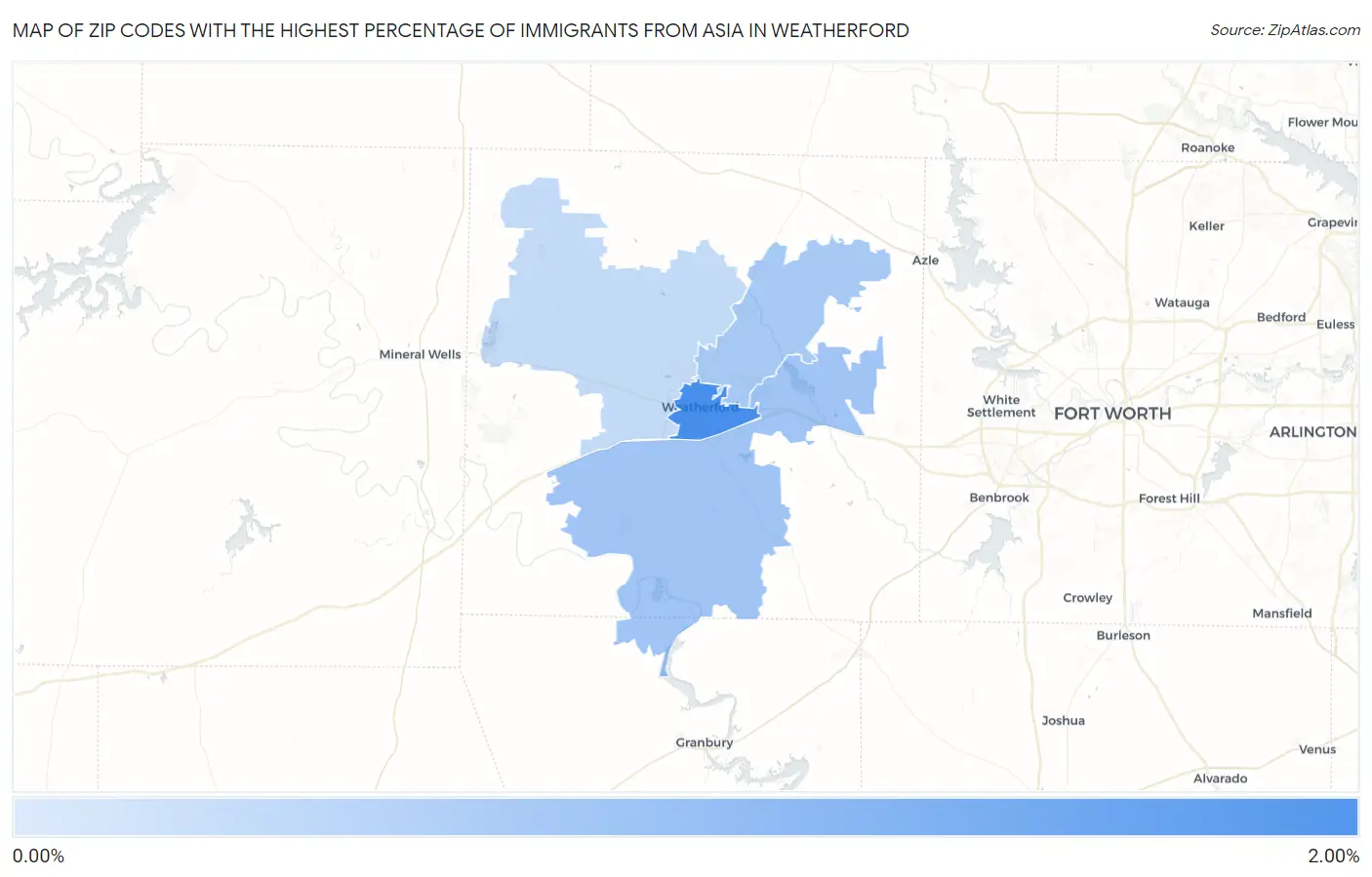 Zip Codes with the Highest Percentage of Immigrants from Asia in Weatherford Map