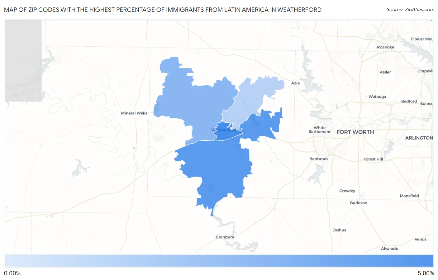 Zip Codes with the Highest Percentage of Immigrants from Latin America in Weatherford Map