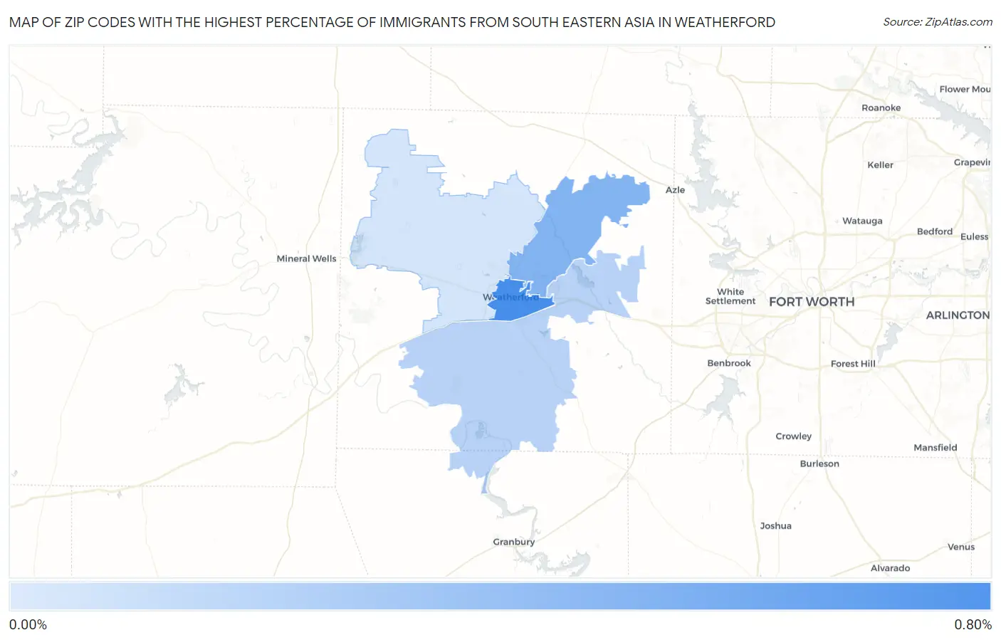 Zip Codes with the Highest Percentage of Immigrants from South Eastern Asia in Weatherford Map