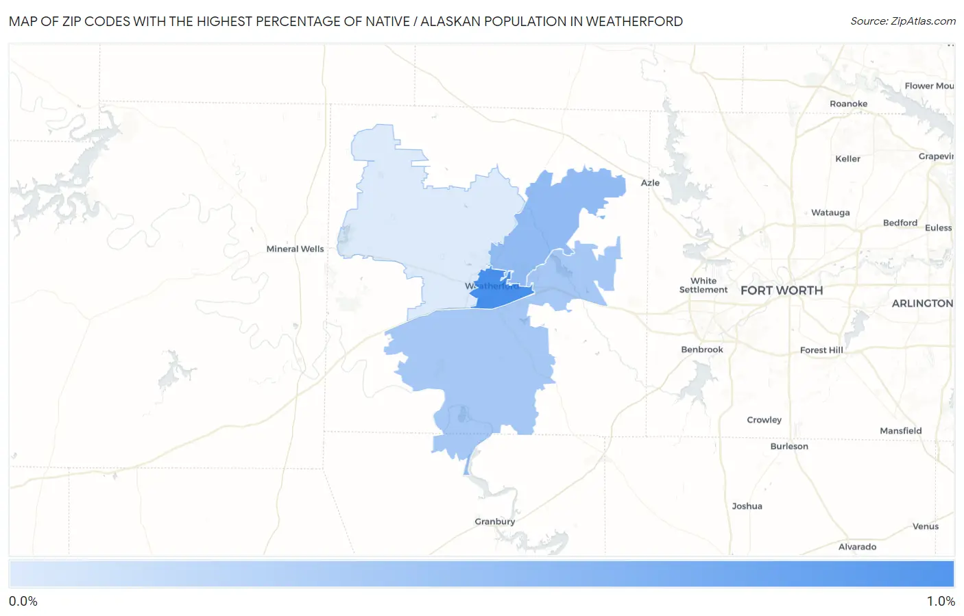 Zip Codes with the Highest Percentage of Native / Alaskan Population in Weatherford Map