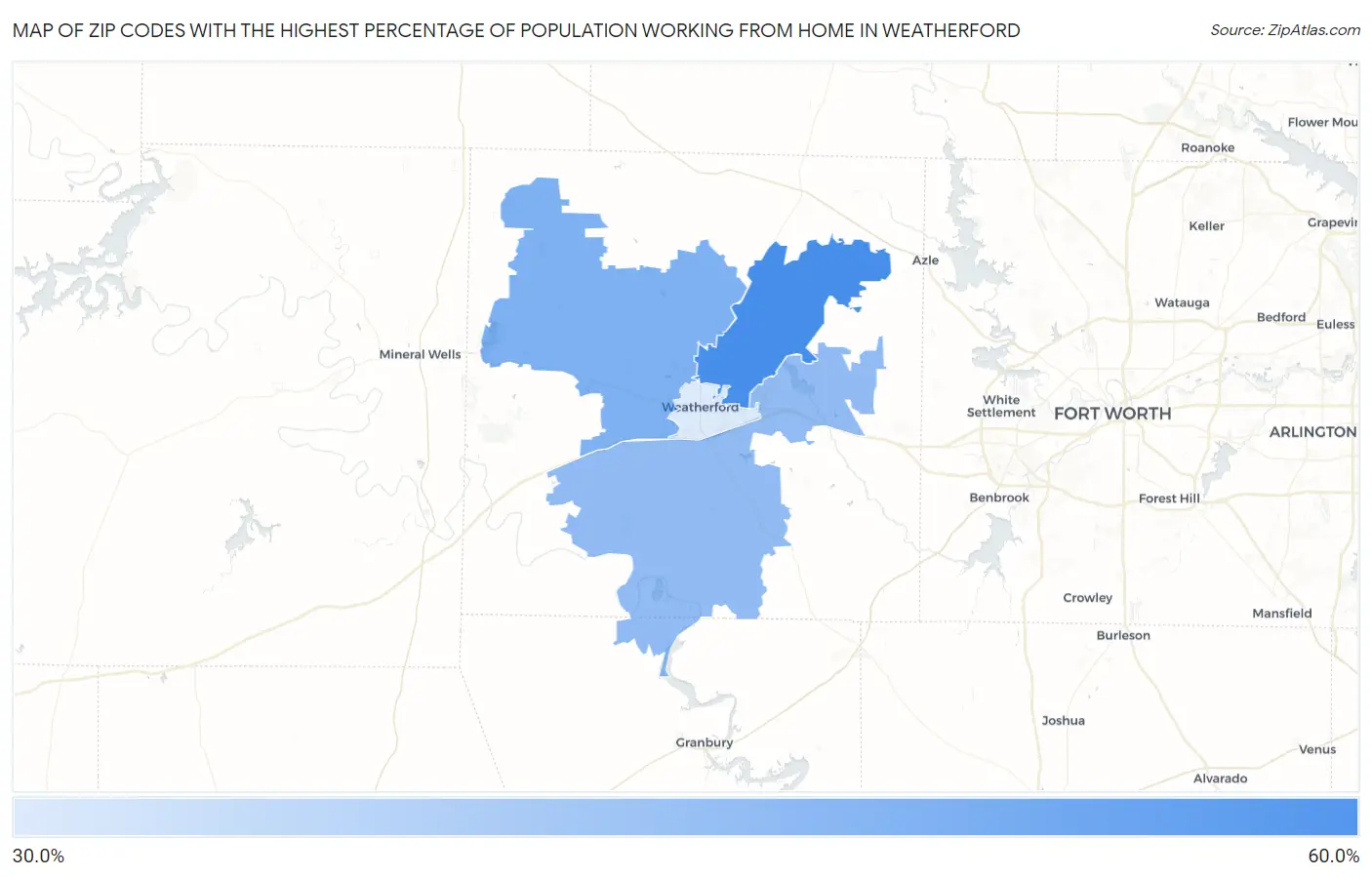 Zip Codes with the Highest Percentage of Population Working from Home in Weatherford Map