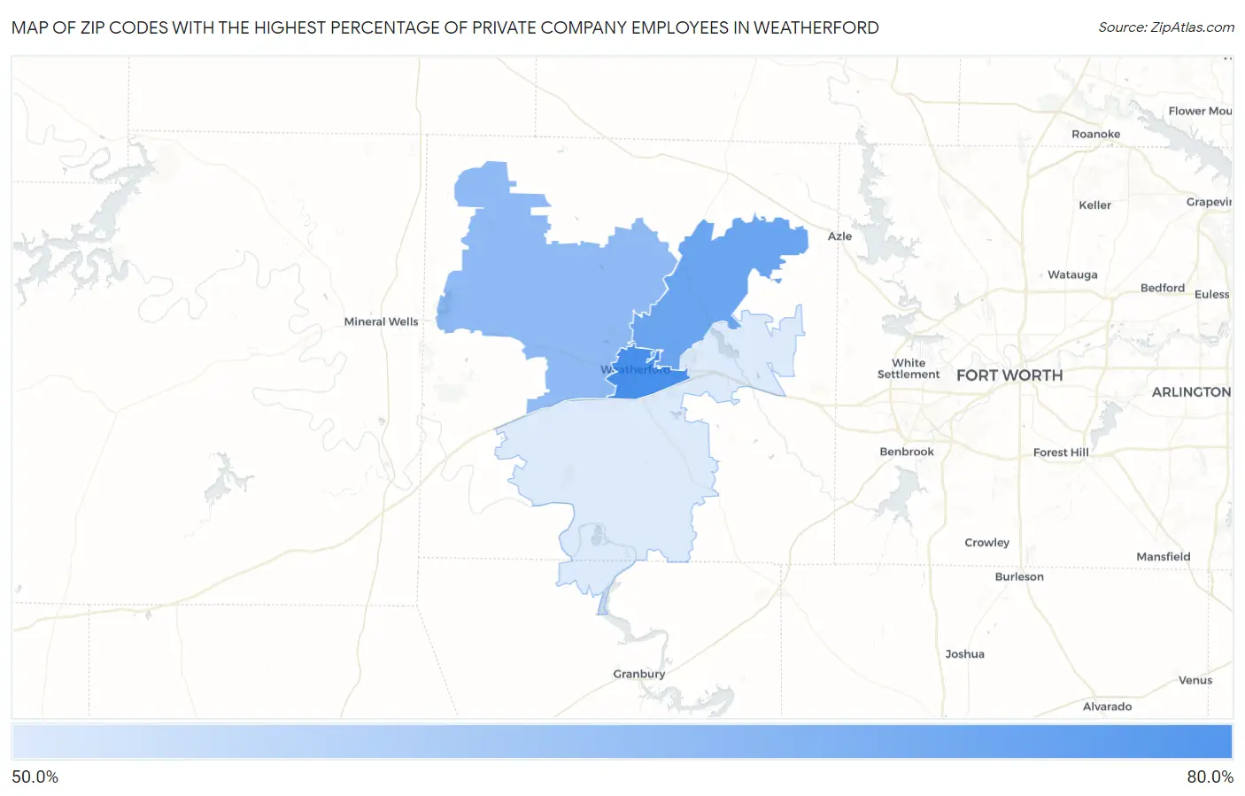 Zip Codes with the Highest Percentage of Private Company Employees in Weatherford Map