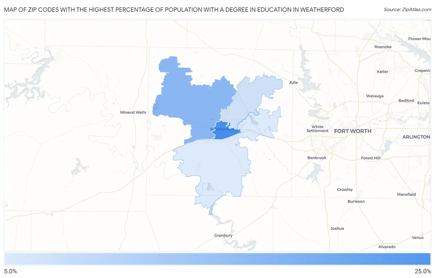 Zip Codes with the Highest Percentage of Population with a Degree in Education in Weatherford Map