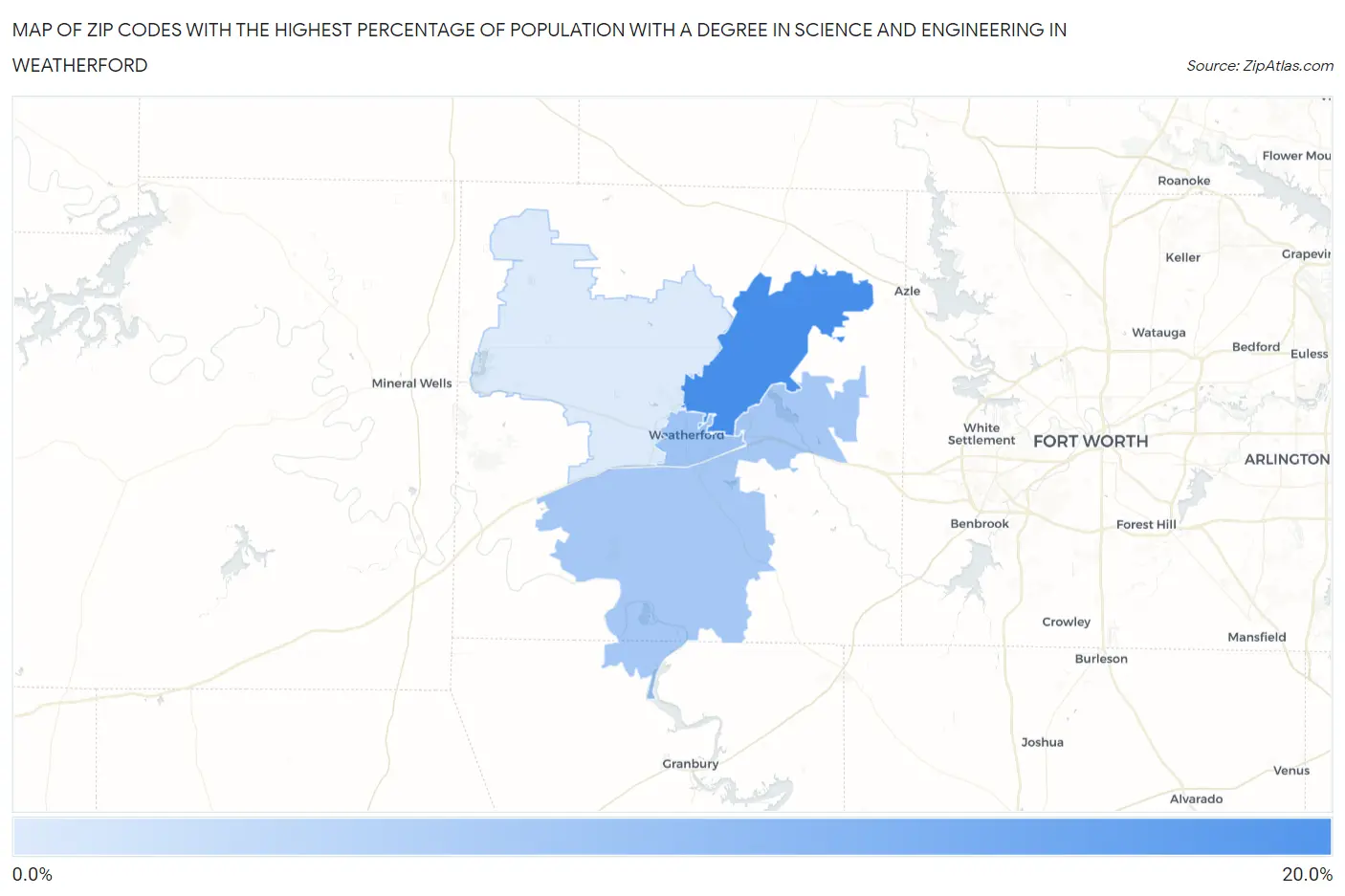 Zip Codes with the Highest Percentage of Population with a Degree in Science and Engineering in Weatherford Map