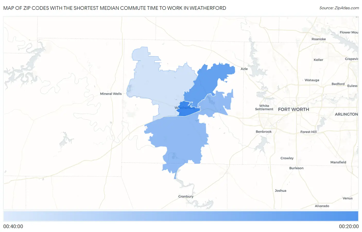 Zip Codes with the Shortest Median Commute Time to Work in Weatherford Map