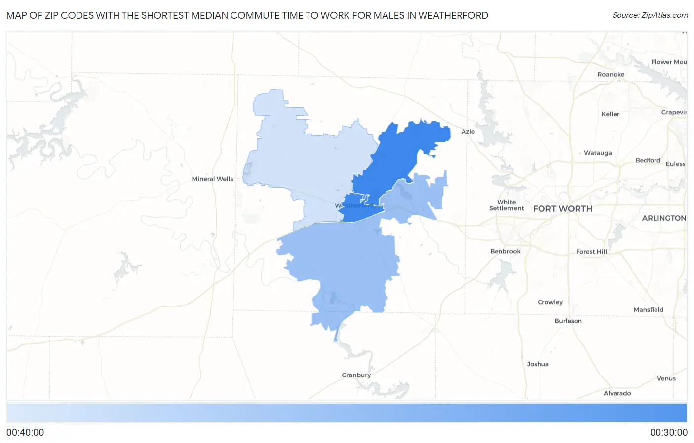 Zip Codes with the Shortest Median Commute Time to Work for Males in Weatherford Map
