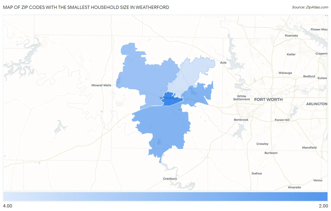 Zip Codes with the Smallest Household Size in Weatherford Map