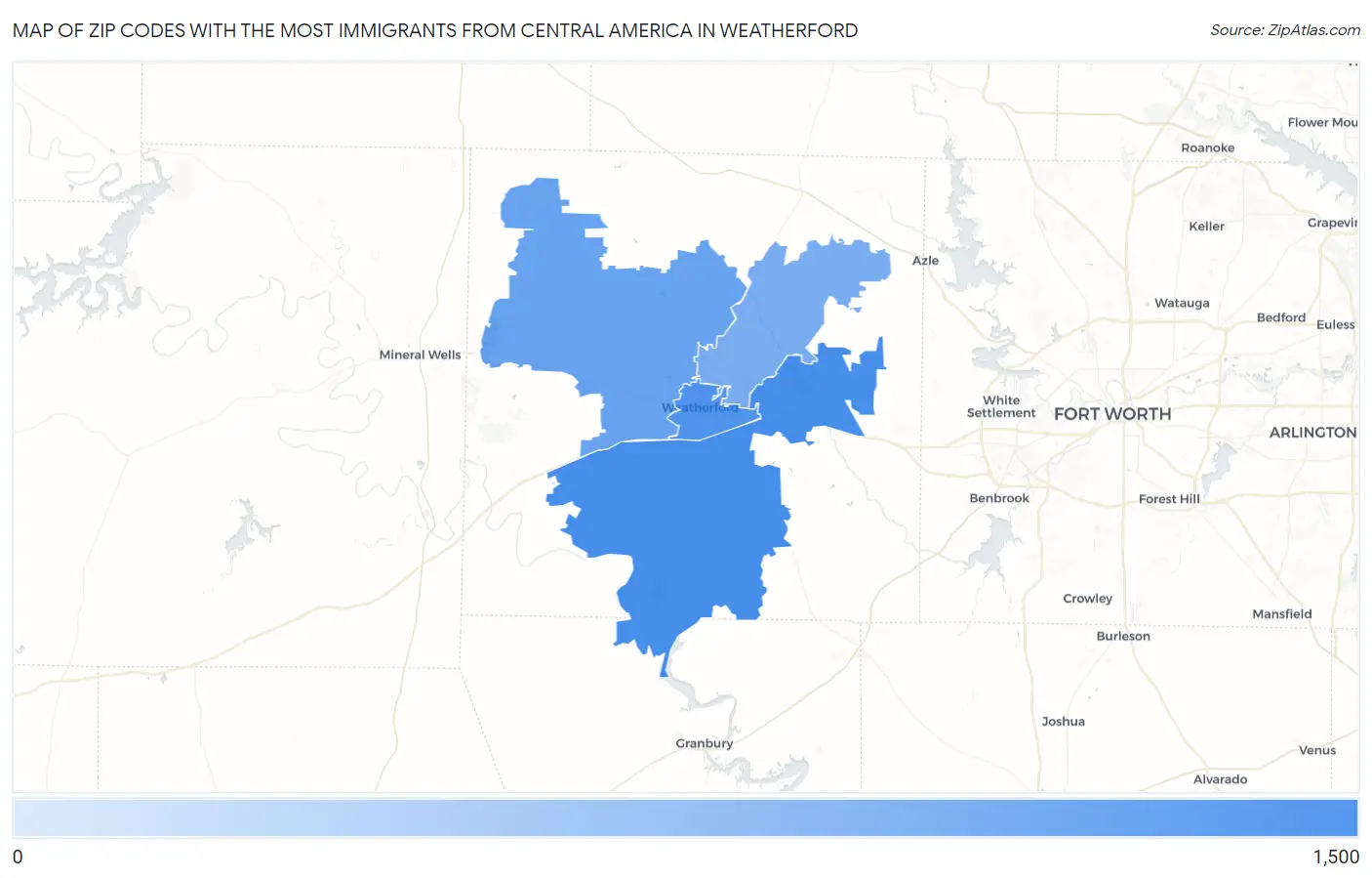 Zip Codes with the Most Immigrants from Central America in Weatherford Map
