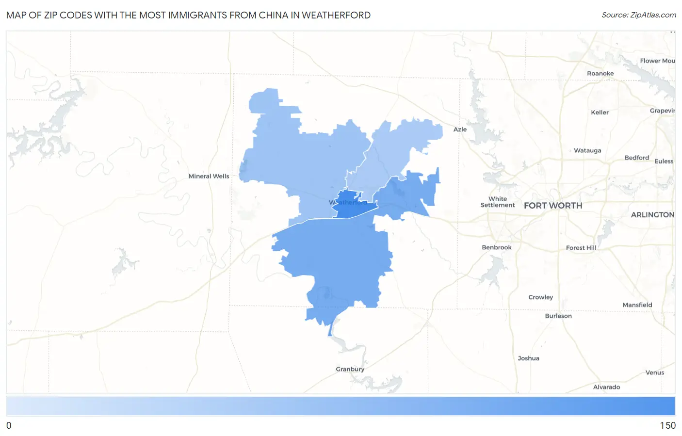 Zip Codes with the Most Immigrants from China in Weatherford Map