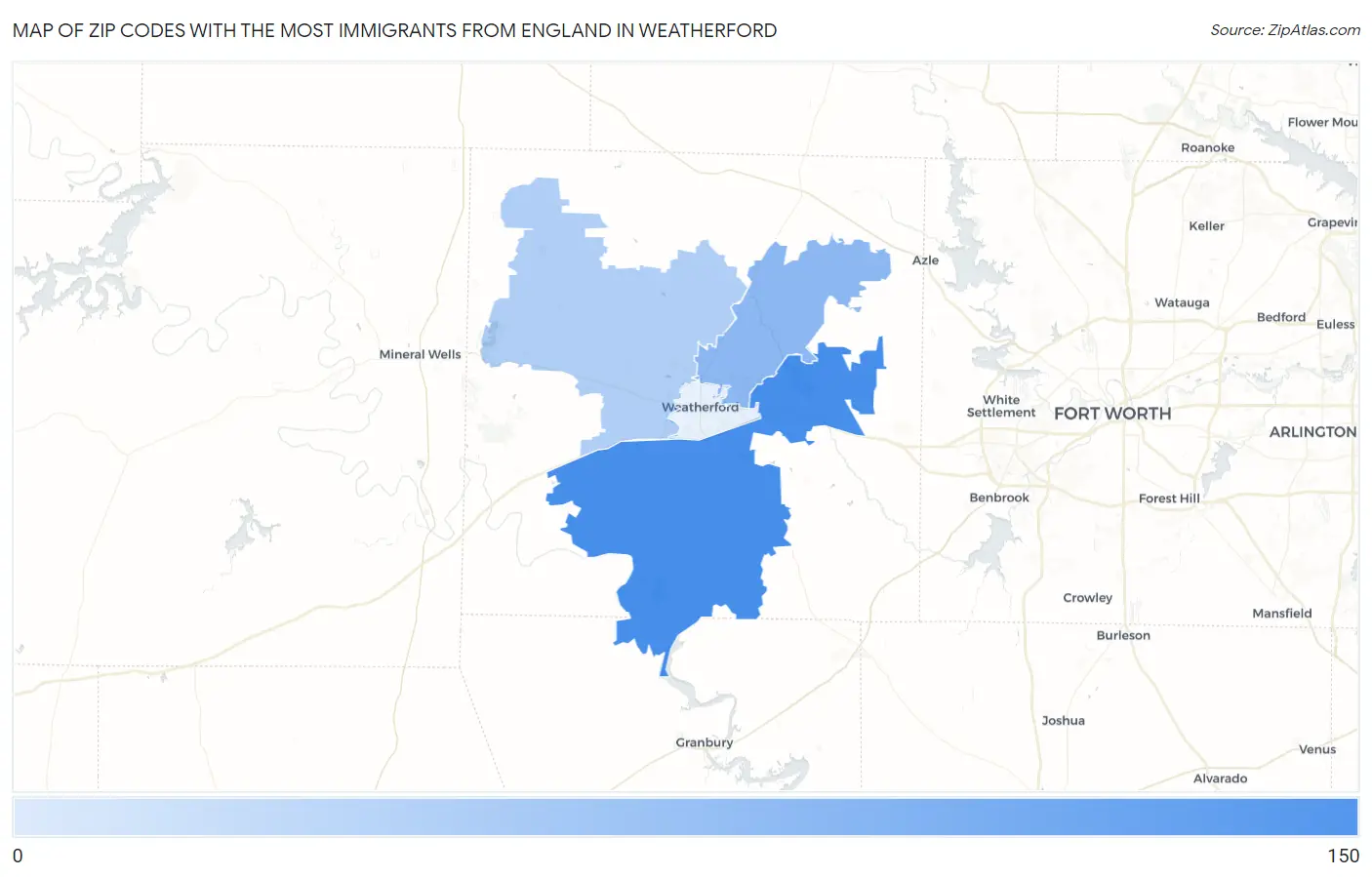 Zip Codes with the Most Immigrants from England in Weatherford Map