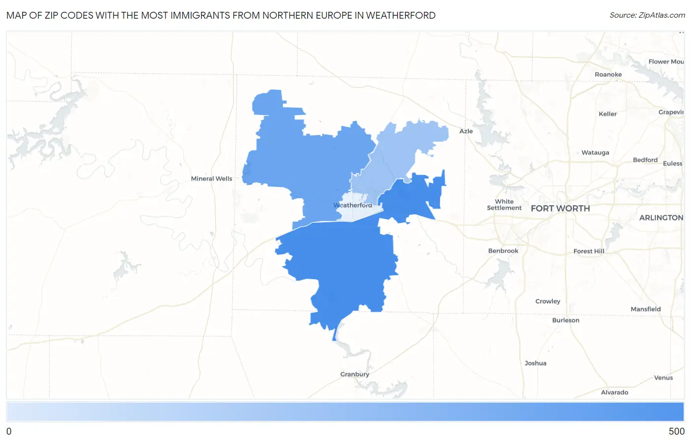 Zip Codes with the Most Immigrants from Northern Europe in Weatherford Map
