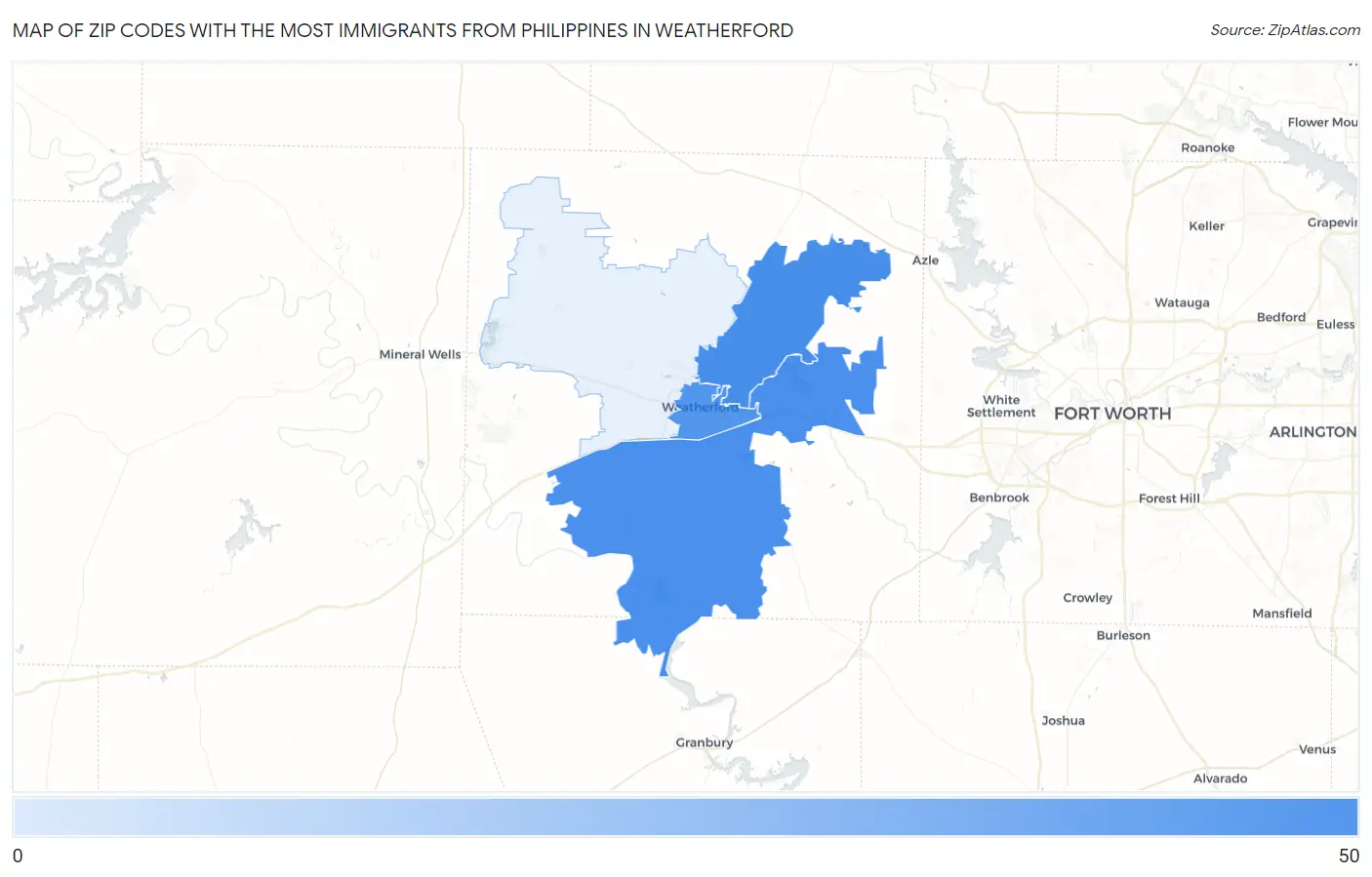 Zip Codes with the Most Immigrants from Philippines in Weatherford Map