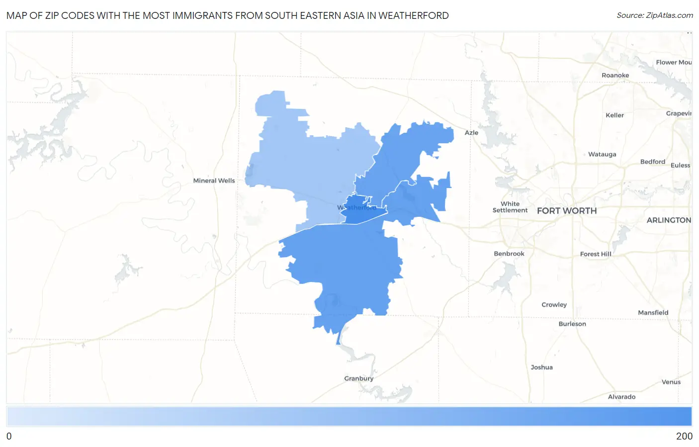 Zip Codes with the Most Immigrants from South Eastern Asia in Weatherford Map