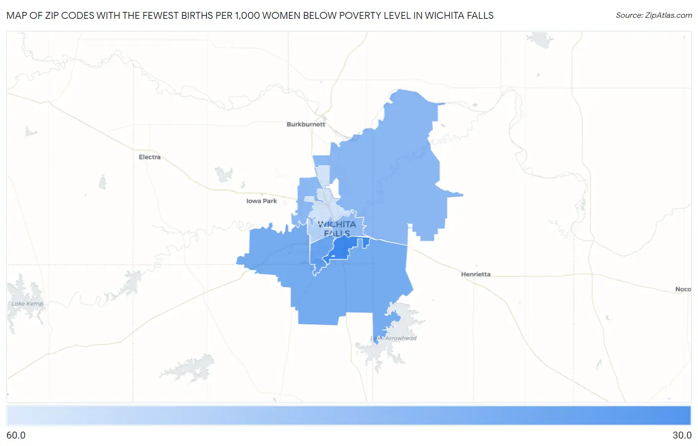 Zip Codes with the Fewest Births per 1,000 Women Below Poverty Level in Wichita Falls Map