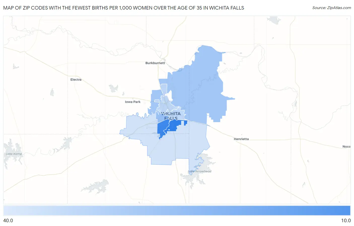 Zip Codes with the Fewest Births per 1,000 Women Over the Age of 35 in Wichita Falls Map