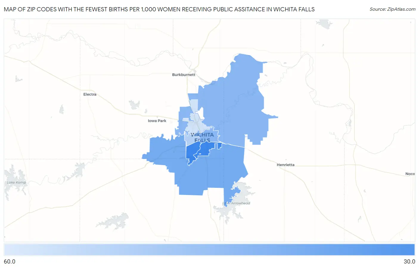 Zip Codes with the Fewest Births per 1,000 Women Receiving Public Assitance in Wichita Falls Map